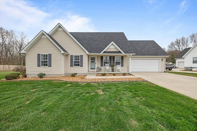 view of front of home with covered porch, concrete driveway, crawl space, roof with shingles, and a front yard