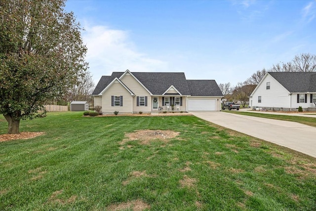 ranch-style home featuring a garage, concrete driveway, and a front yard