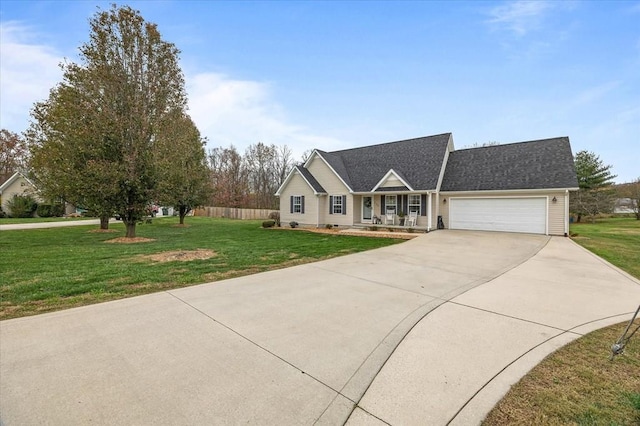 ranch-style home featuring concrete driveway, covered porch, fence, a garage, and a front lawn