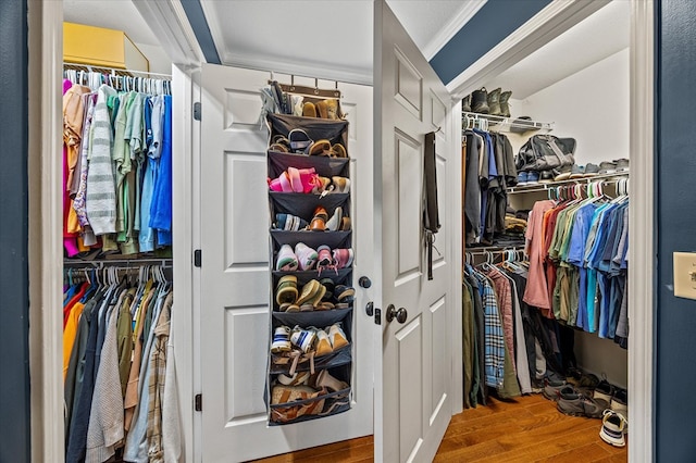 walk in closet with wood finished floors