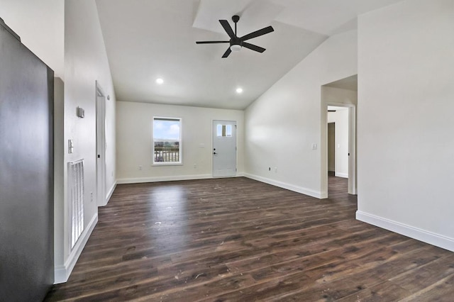 interior space featuring baseboards, lofted ceiling, ceiling fan, dark wood-type flooring, and recessed lighting