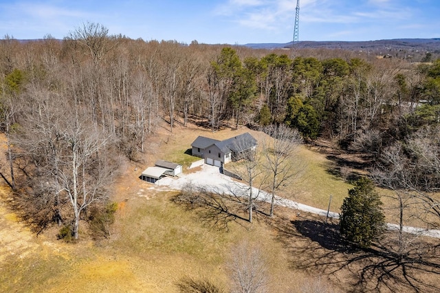 bird's eye view featuring a wooded view