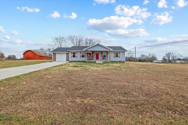 view of front of property featuring a porch, an attached garage, driveway, crawl space, and a front lawn