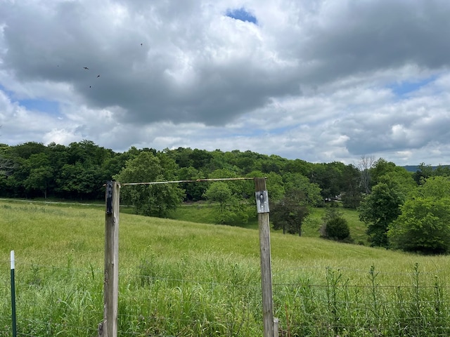 exterior space with a rural view and a wooded view