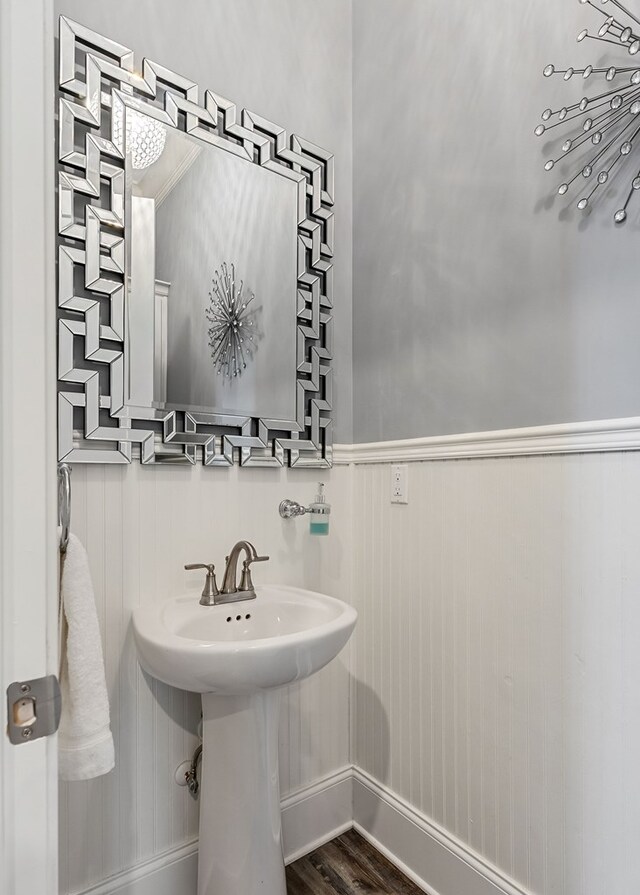 bathroom with wainscoting, a sink, and wood finished floors