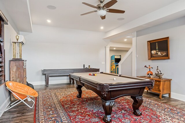 playroom featuring ceiling fan, recessed lighting, pool table, baseboards, and dark wood finished floors