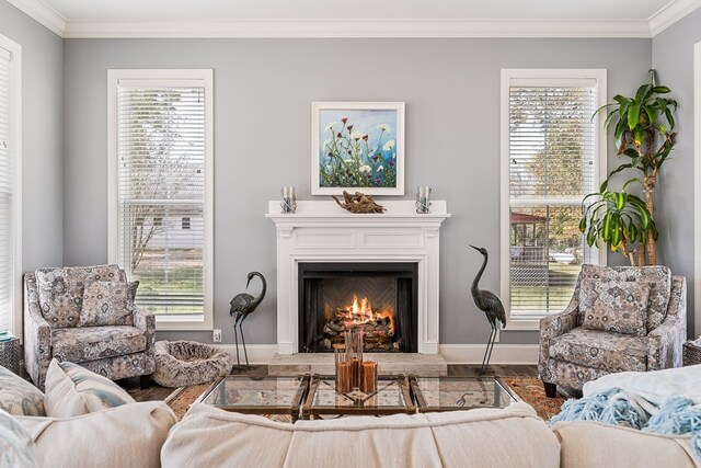 sitting room with ornamental molding, a warm lit fireplace, baseboards, and wood finished floors