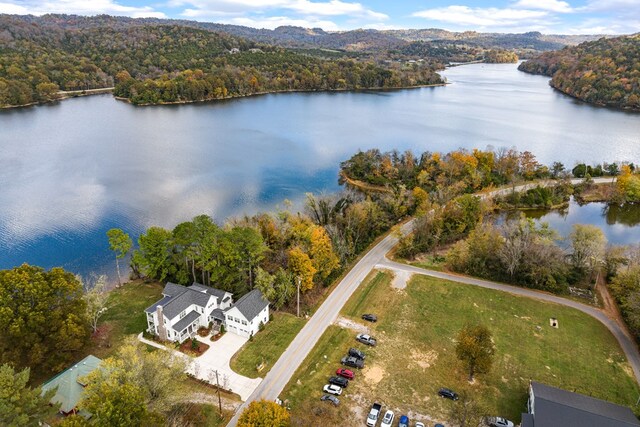 bird's eye view with a water view and a view of trees