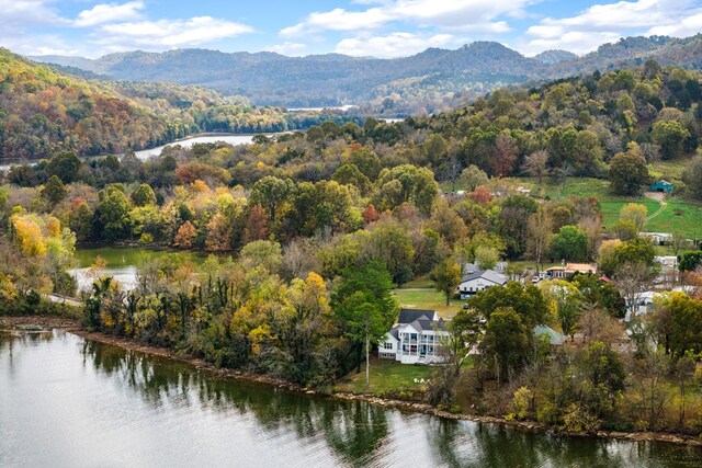 birds eye view of property with a forest view and a water and mountain view