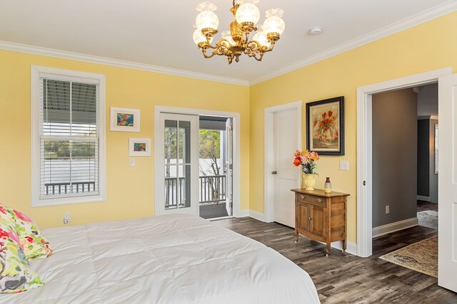 bedroom featuring a chandelier, dark wood-style flooring, baseboards, access to exterior, and crown molding