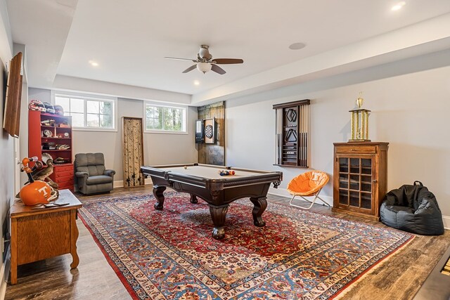 playroom with recessed lighting, pool table, baseboards, and wood finished floors