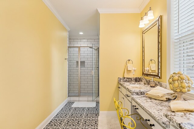 bathroom featuring a stall shower, baseboards, and ornamental molding