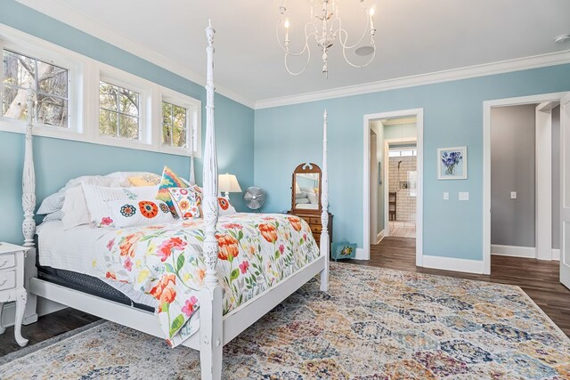 bedroom with ornamental molding, a chandelier, baseboards, and wood finished floors