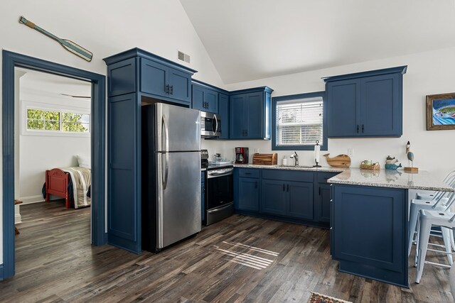 kitchen featuring stainless steel appliances, light stone countertops, plenty of natural light, a peninsula, and a kitchen bar