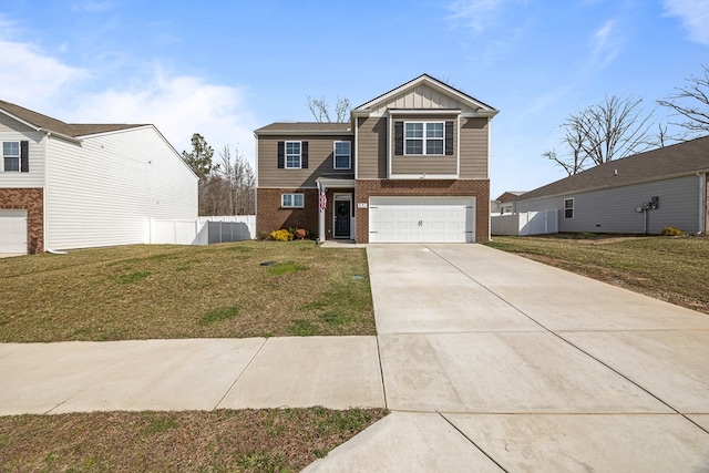 view of front facade featuring board and batten siding, brick siding, fence, and driveway