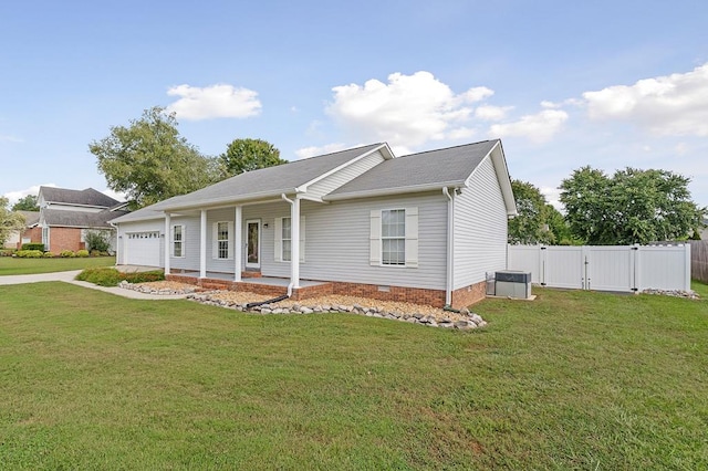 view of front of property with covered porch, crawl space, a gate, fence, and a front lawn