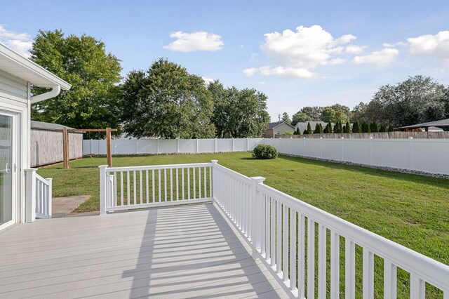 deck with a fenced backyard and a lawn