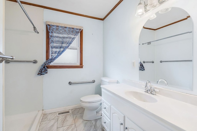 bathroom featuring visible vents, toilet, walk in shower, crown molding, and vanity