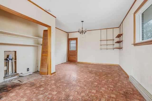 interior space featuring a baseboard radiator, multiple windows, crown molding, and an inviting chandelier