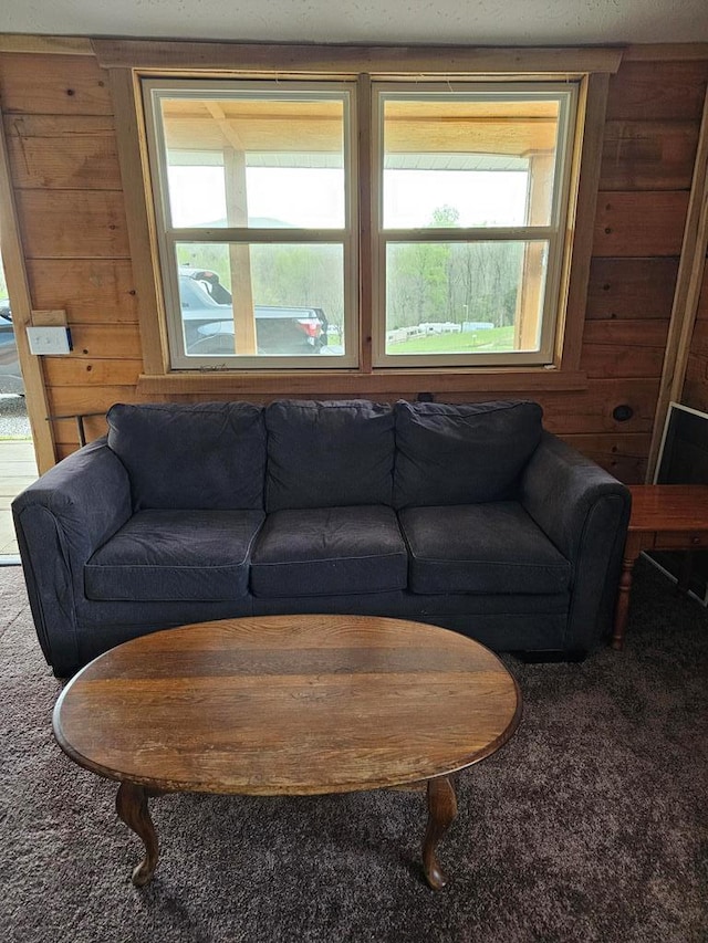 living room featuring carpet, plenty of natural light, and wooden walls