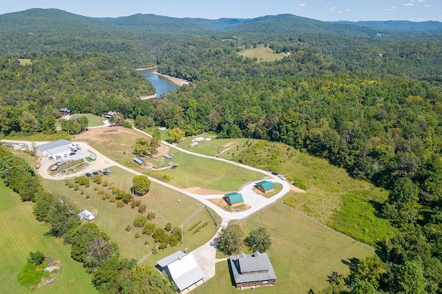 bird's eye view with a water and mountain view and a view of trees