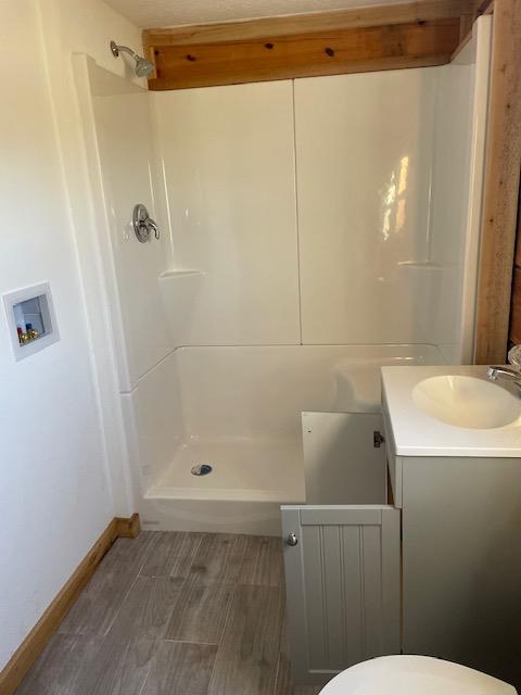 full bathroom featuring wood finish floors, toilet, vanity, a shower stall, and baseboards