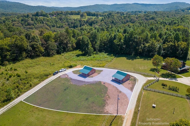 drone / aerial view featuring a rural view, a mountain view, and a view of trees