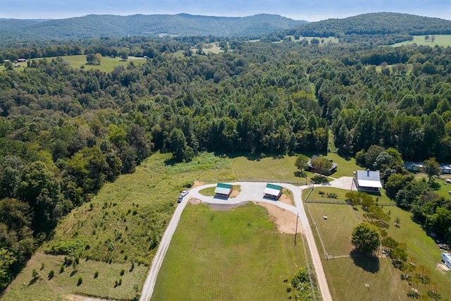 drone / aerial view with a rural view, a mountain view, and a view of trees