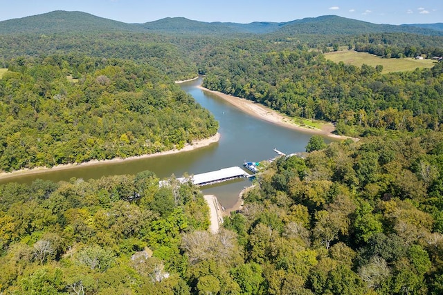 drone / aerial view with a forest view and a water and mountain view