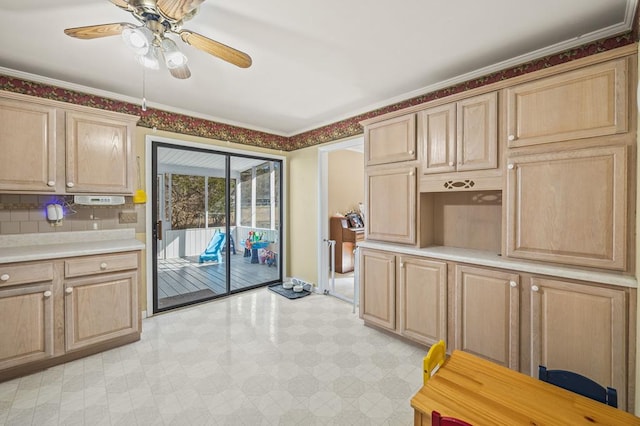 kitchen featuring light floors, light countertops, a ceiling fan, and light brown cabinetry