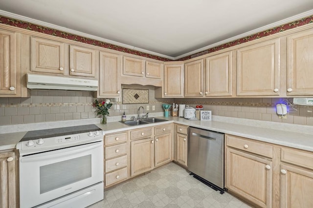 kitchen featuring light brown cabinets, under cabinet range hood, a sink, stainless steel dishwasher, and white range with electric stovetop