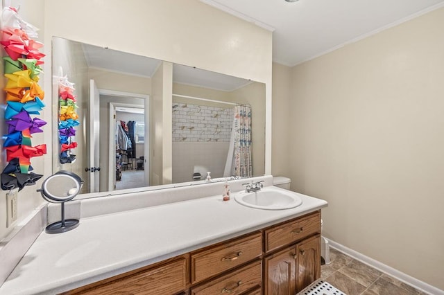 bathroom featuring ornamental molding, a shower with shower curtain, vanity, and baseboards