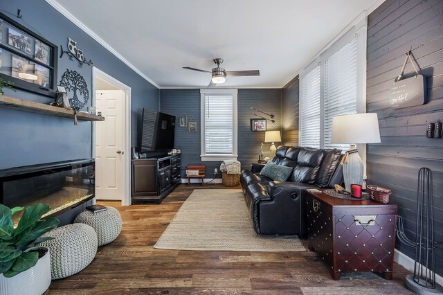 living room featuring ceiling fan, wooden walls, wood finished floors, and crown molding