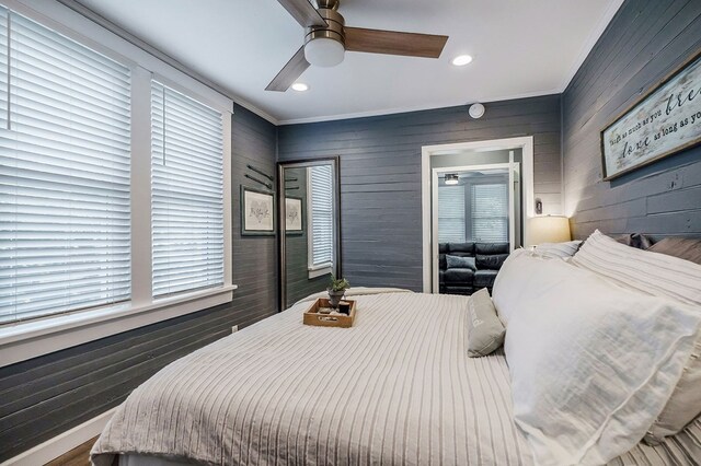 bedroom with a ceiling fan, recessed lighting, and crown molding