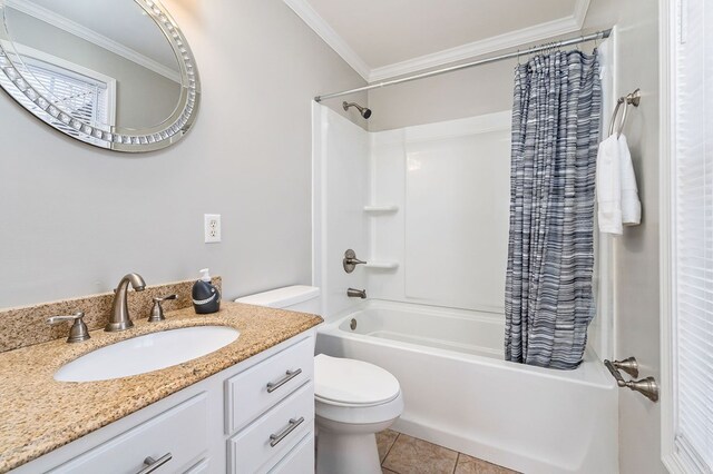 bathroom with shower / bath combo, toilet, ornamental molding, tile patterned floors, and vanity