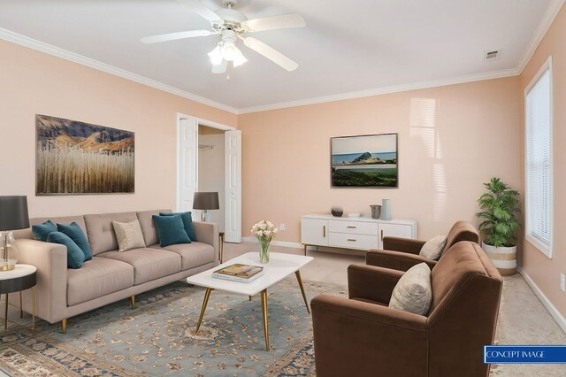 living room featuring light carpet, baseboards, visible vents, a ceiling fan, and ornamental molding