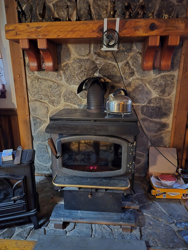 room details with a wood stove