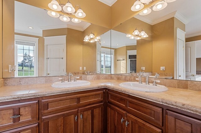 bathroom with double vanity, crown molding, and a sink