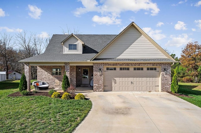 view of front of home with a garage, brick siding, concrete driveway, roof with shingles, and a front yard