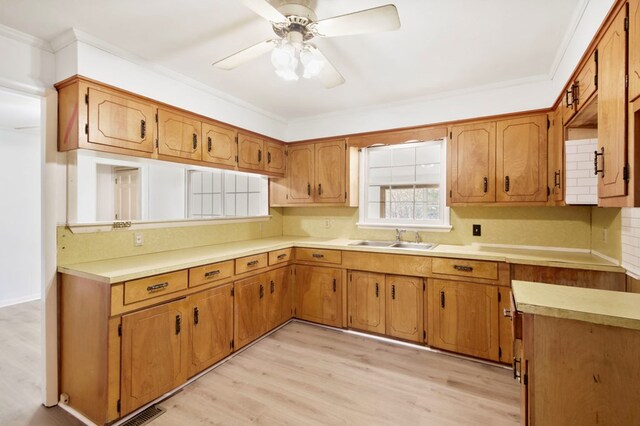 kitchen featuring light countertops, light wood-type flooring, a sink, and brown cabinets