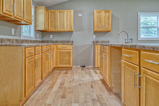 kitchen featuring light wood-style floors, vaulted ceiling, and a sink