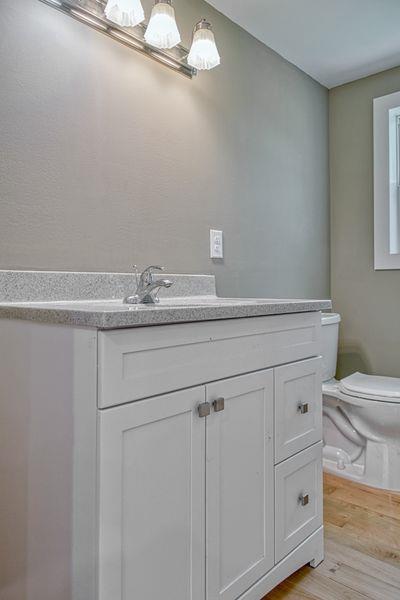 half bathroom with toilet, wood finished floors, and vanity