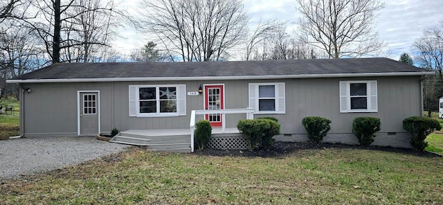 single story home with crawl space, a deck, and a front lawn