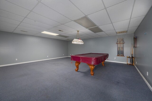 recreation room with pool table, a drop ceiling, dark carpet, and baseboards