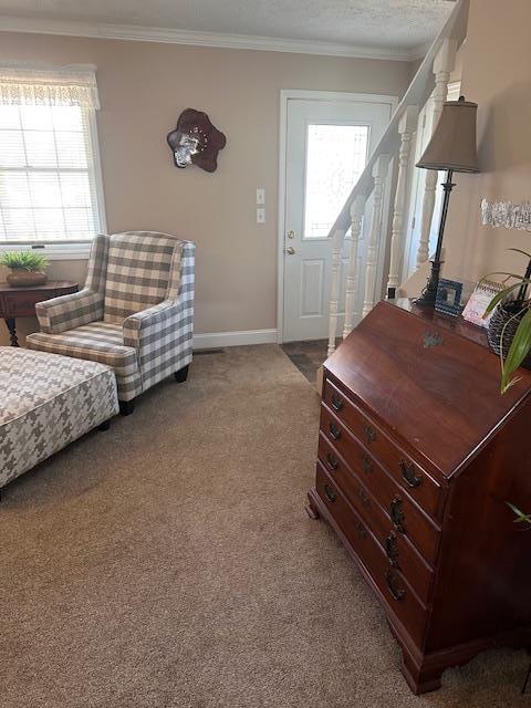 bedroom featuring a textured ceiling, ornamental molding, a closet, and a ceiling fan