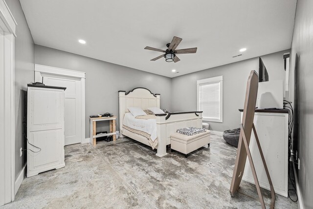 bedroom with ceiling fan, concrete floors, baseboards, and recessed lighting