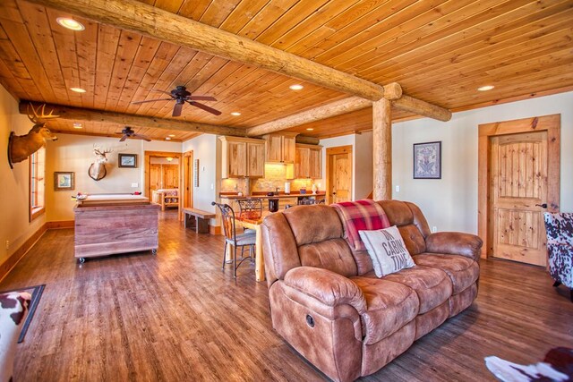 living room featuring beam ceiling, dark wood finished floors, and wood ceiling