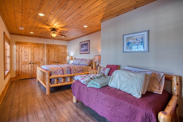 bedroom with recessed lighting, a ceiling fan, wood ceiling, wood finished floors, and baseboards