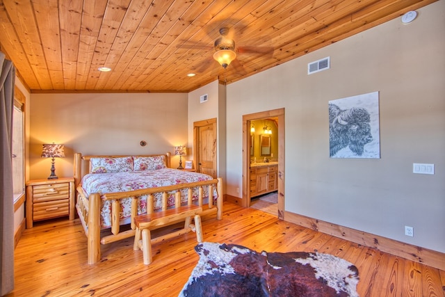 bedroom with visible vents, baseboards, connected bathroom, wood ceiling, and light wood-style floors