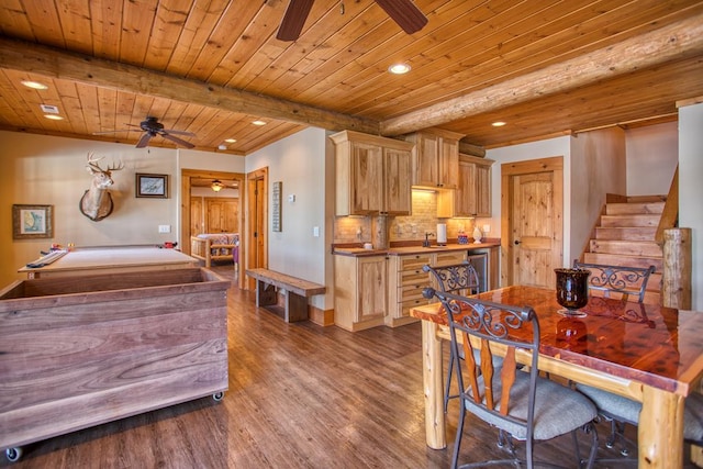 dining room featuring ceiling fan, wooden ceiling, stairs, dark wood-style floors, and beamed ceiling